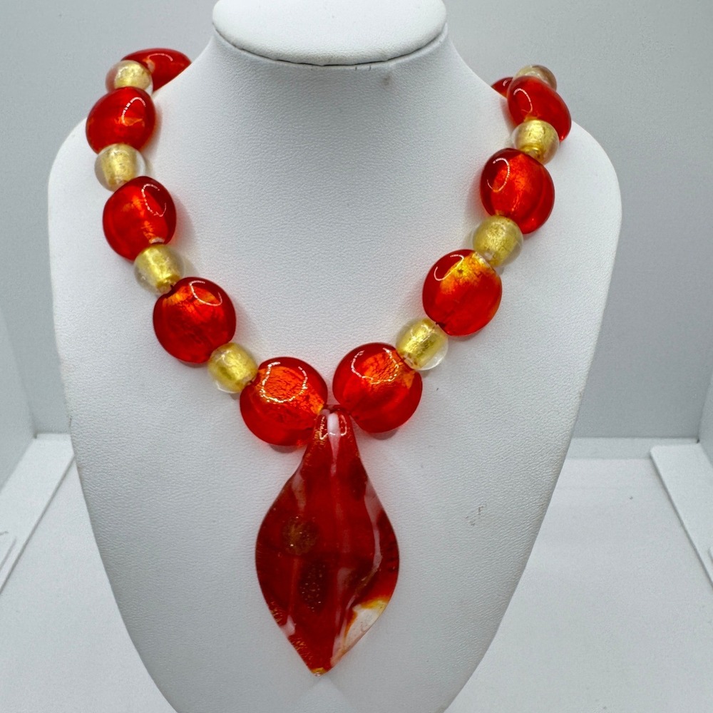 Red Gold Lampwork Glass Bead Statement Necklace Leaf Pendant Orange Fire Bold